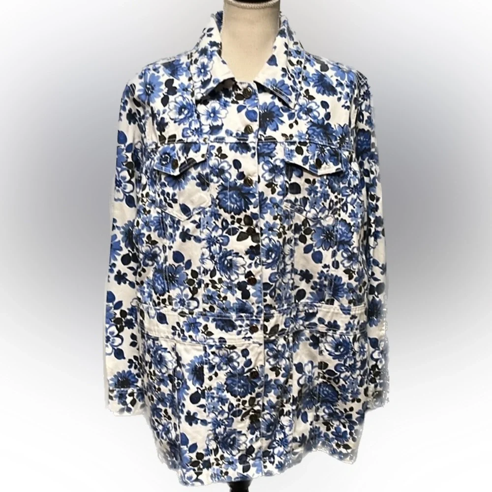 Roaman’s Blue & White Floral Denim Jacket 16W - Picture 15 of 15